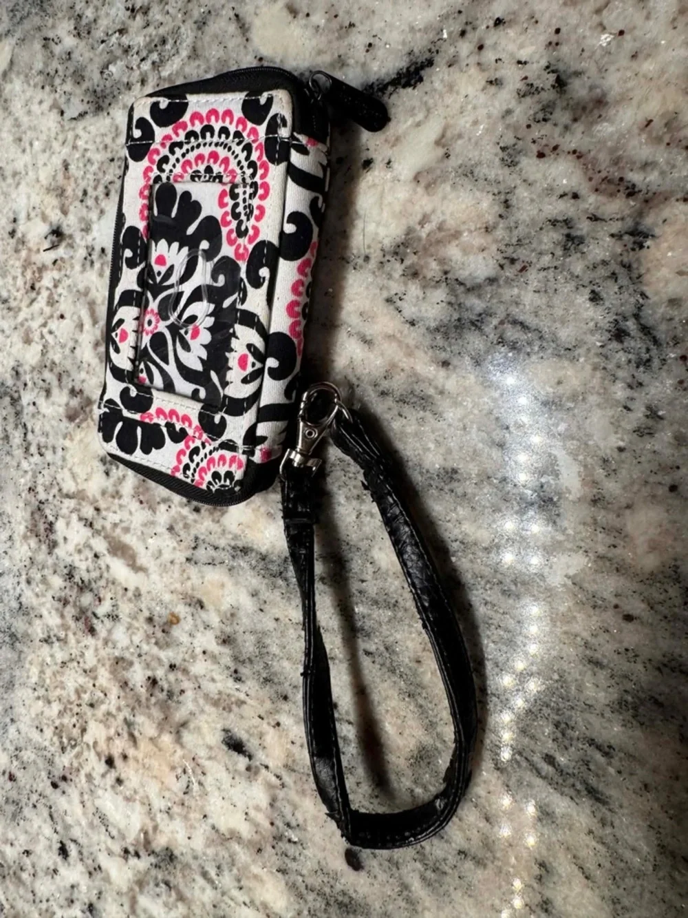 thirty-one Black and Pink Floral Wristlet with ID Window 6x3.5 inches